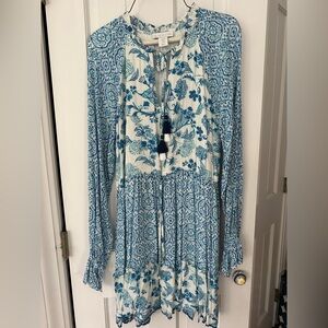 Blue and White Floral Long Sleeve Dress